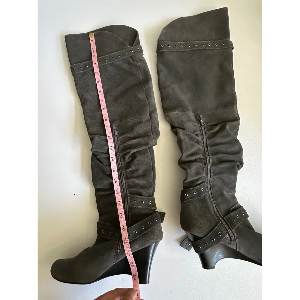 Y2K Naughty Monkey Over The Knee Suede Wedge Boots Gray Grommet Buckle 8